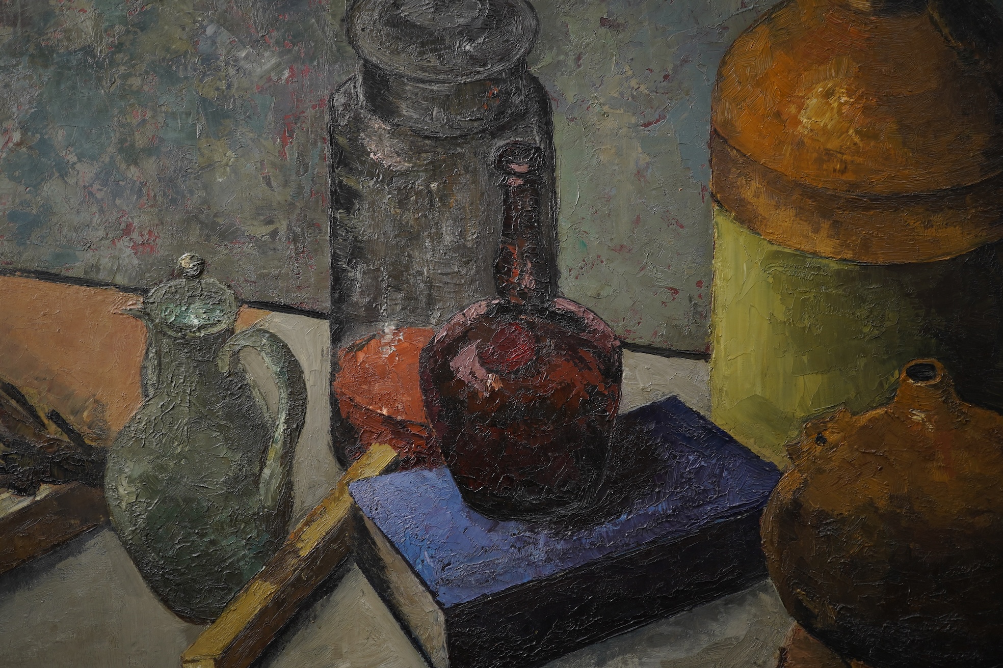 Clarisse Loxton-Peacock, later Lady Dunnett., Hungarian (1926-2004), Still life of bottles, a book and a flagon on a table top